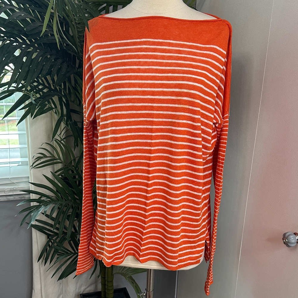 Vince Orange and White Striped Long Sleeve Top 100 % linen
